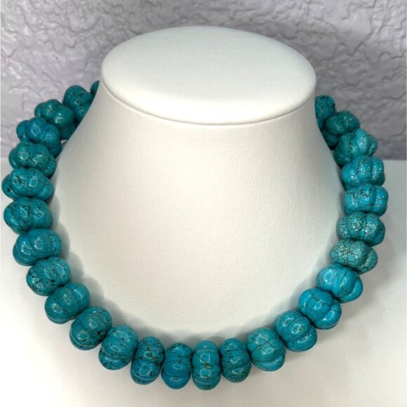 Carved Turquoise Melon Bead Necklace 17.5mm Sterling Silver Toggle Clasp 17" 197 - Picture 8 of 11